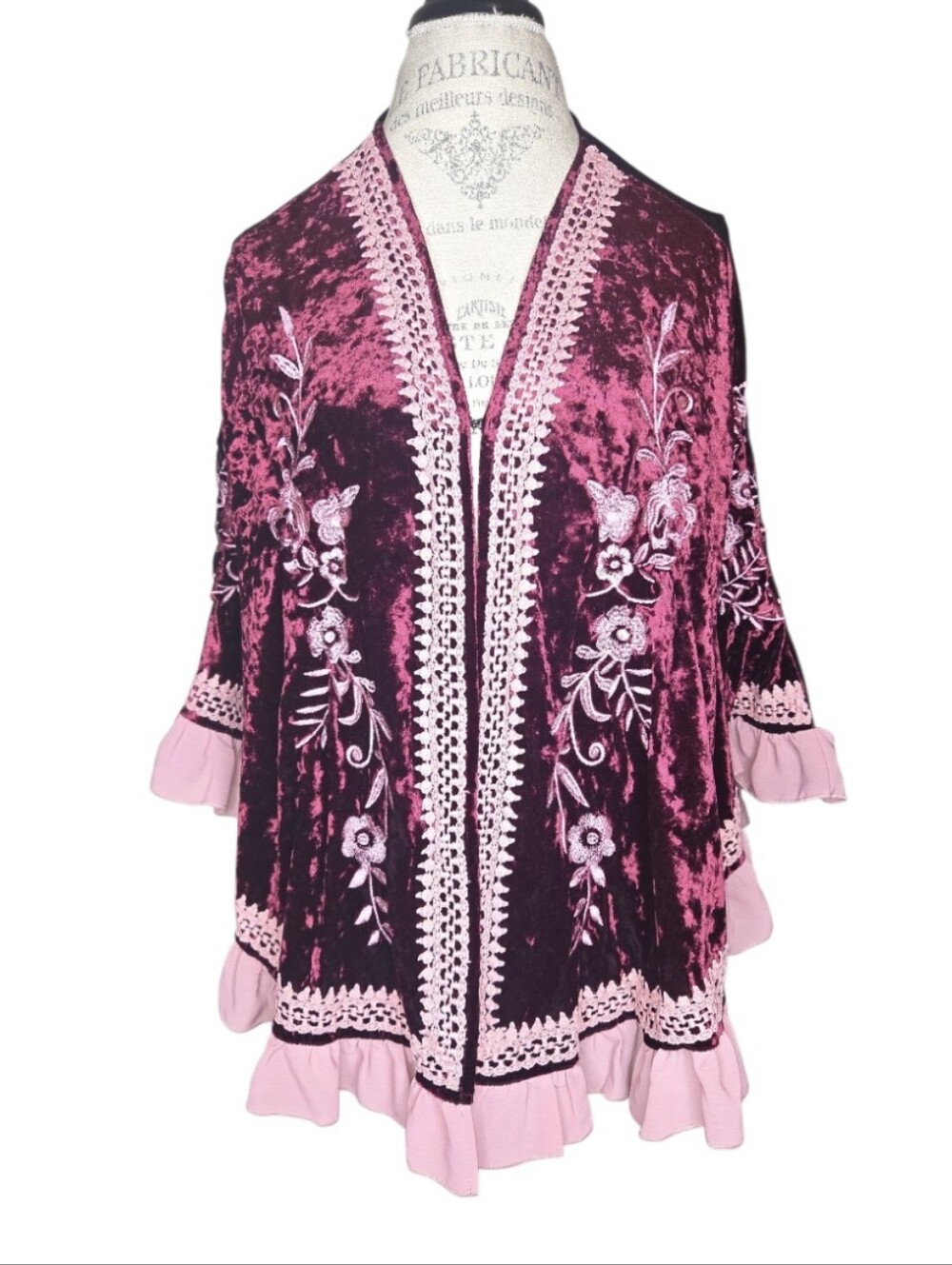 Shein Boho Feels Burgundy Crushed Velour Embroidered Bohemian Capelet NWT